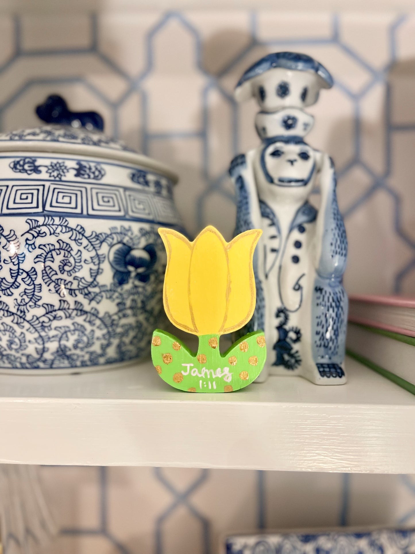 hand-painted wooden tulip – with “James 1:11” Verse