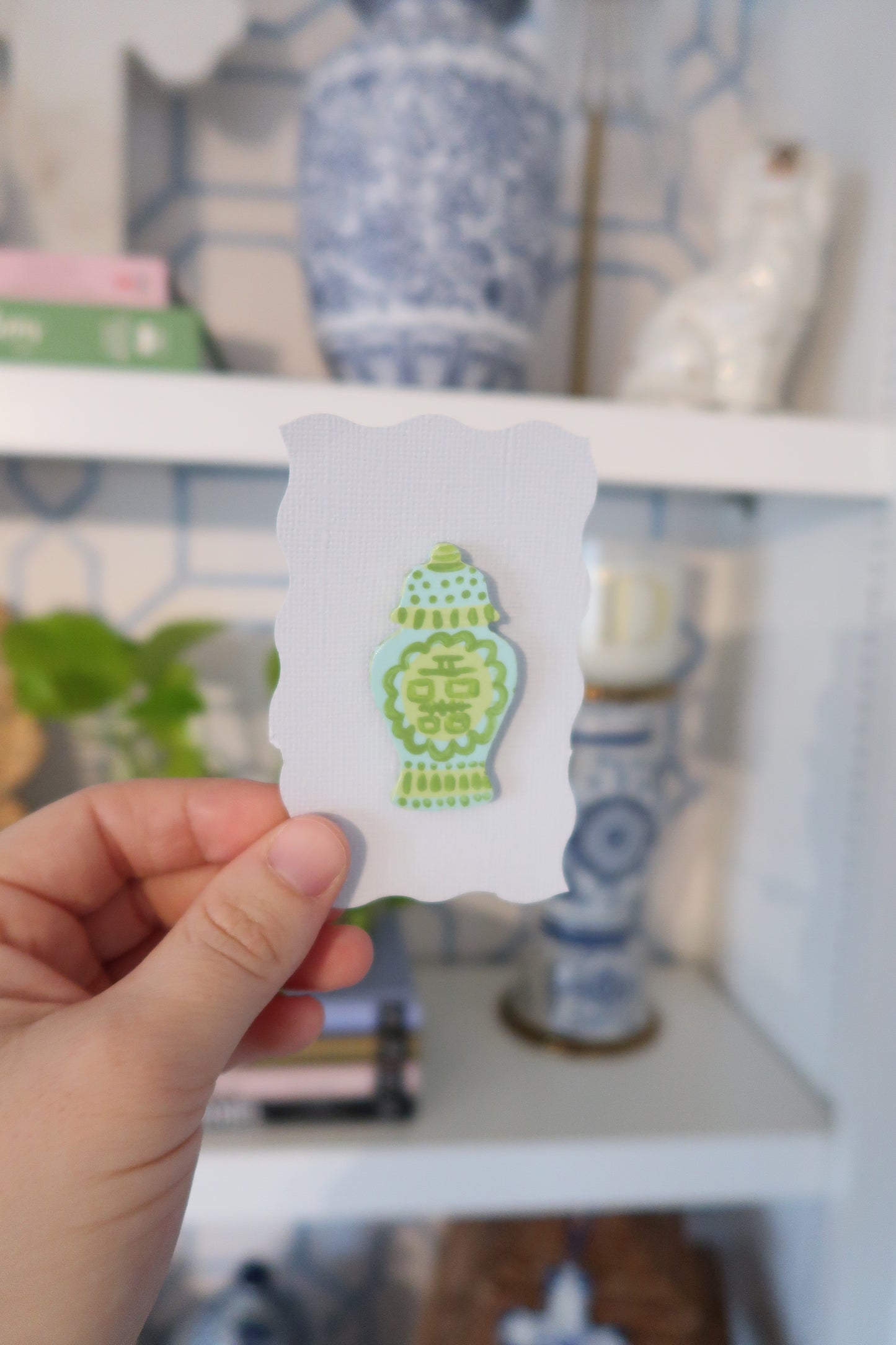blue and green hand painted ginger jar needle minder
