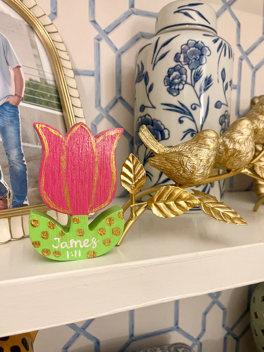 hand-painted wooden tulip – with “James 1:11” Verse