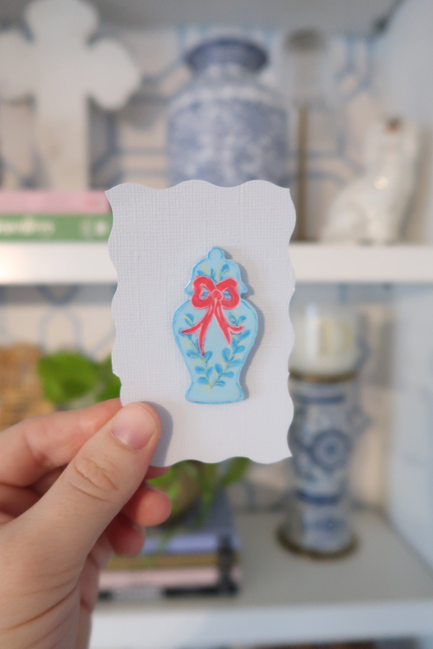 blue ginger jar with pink bow // hand painted needle minder