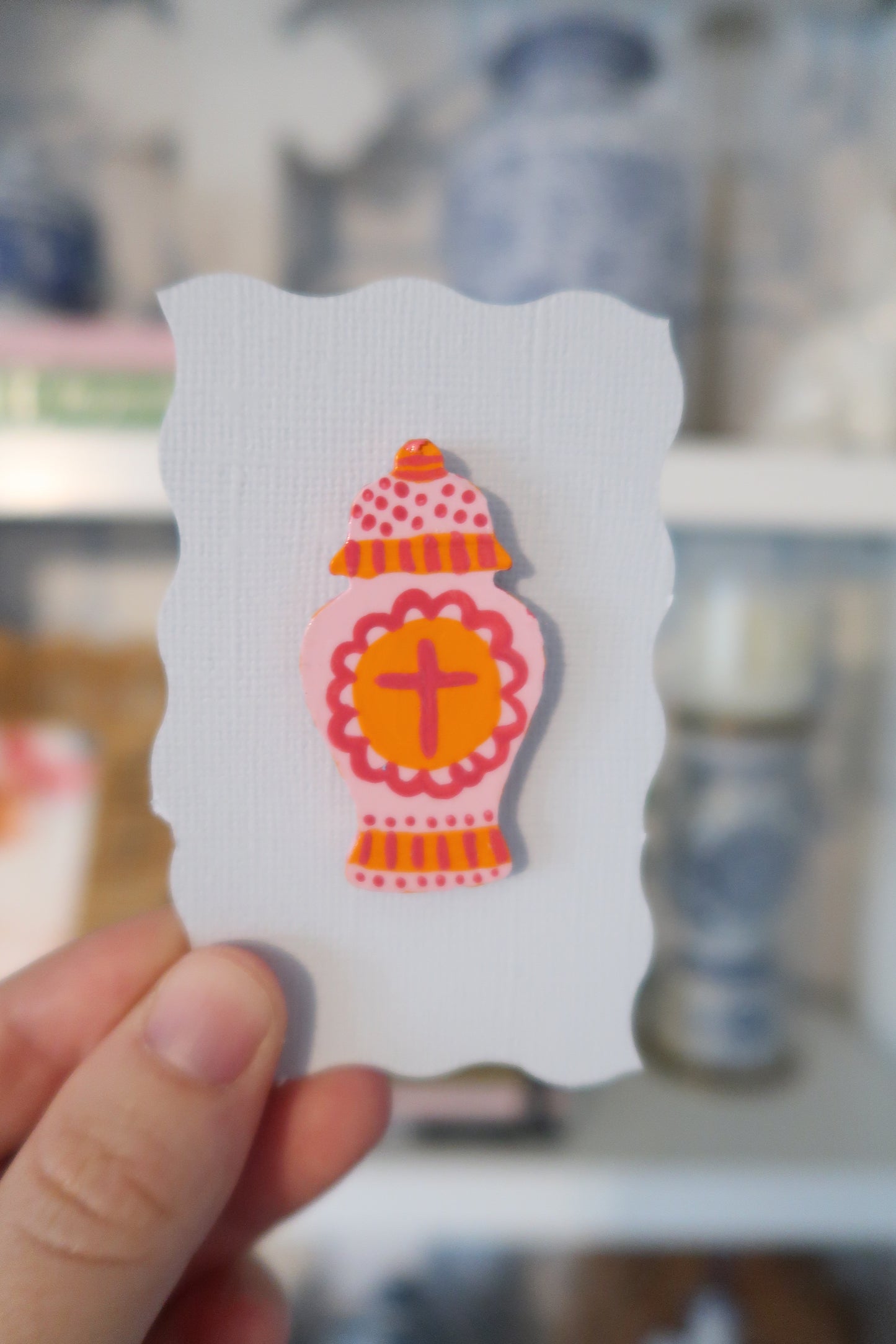 orange and pink hand painted ginger jar needle minder