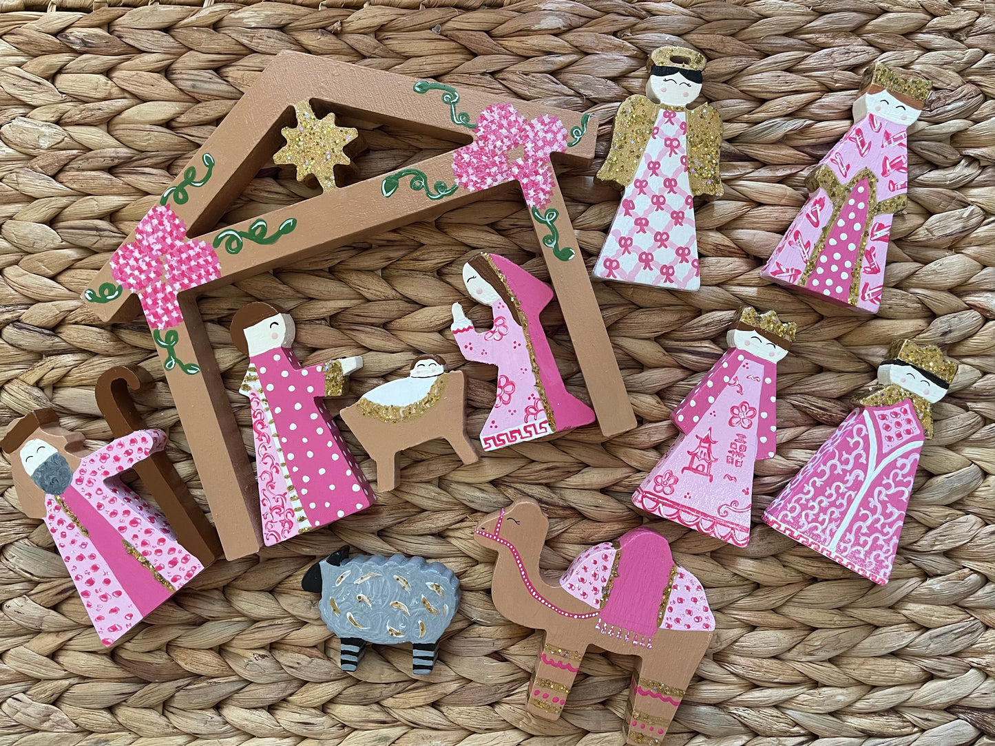 pink hand painted nativity set