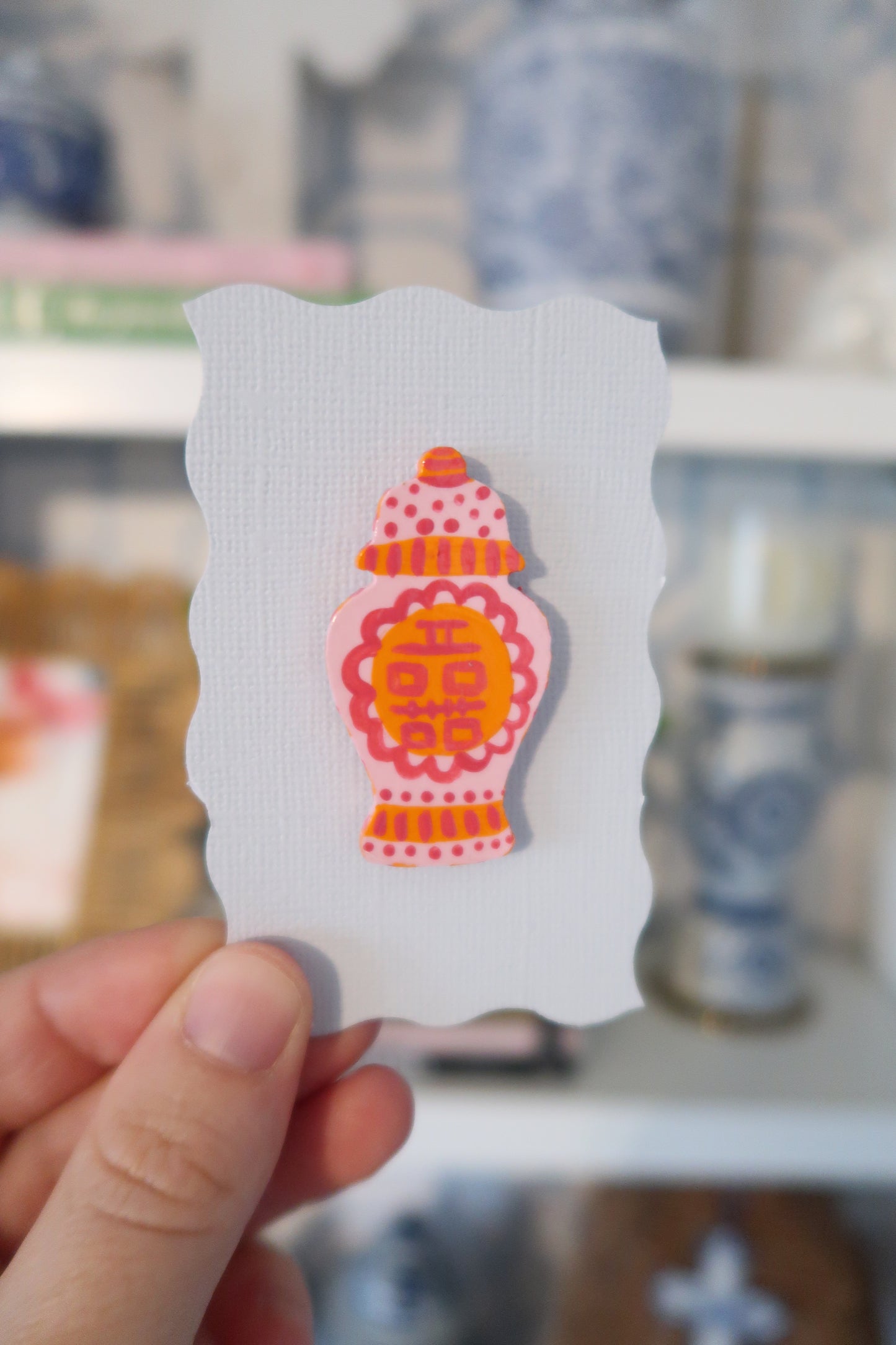 orange and pink hand painted ginger jar needle minder