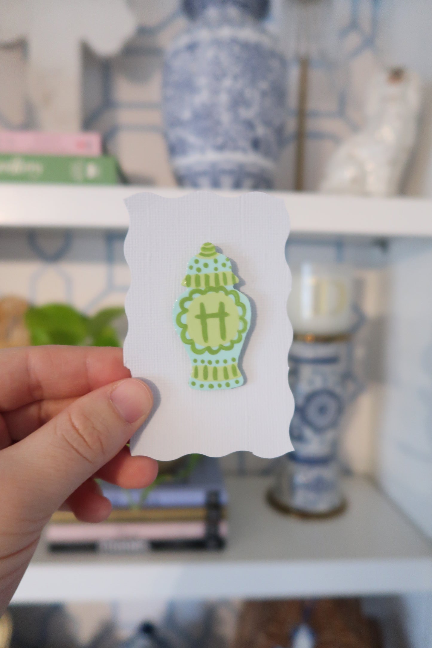 blue and green hand painted ginger jar needle minder
