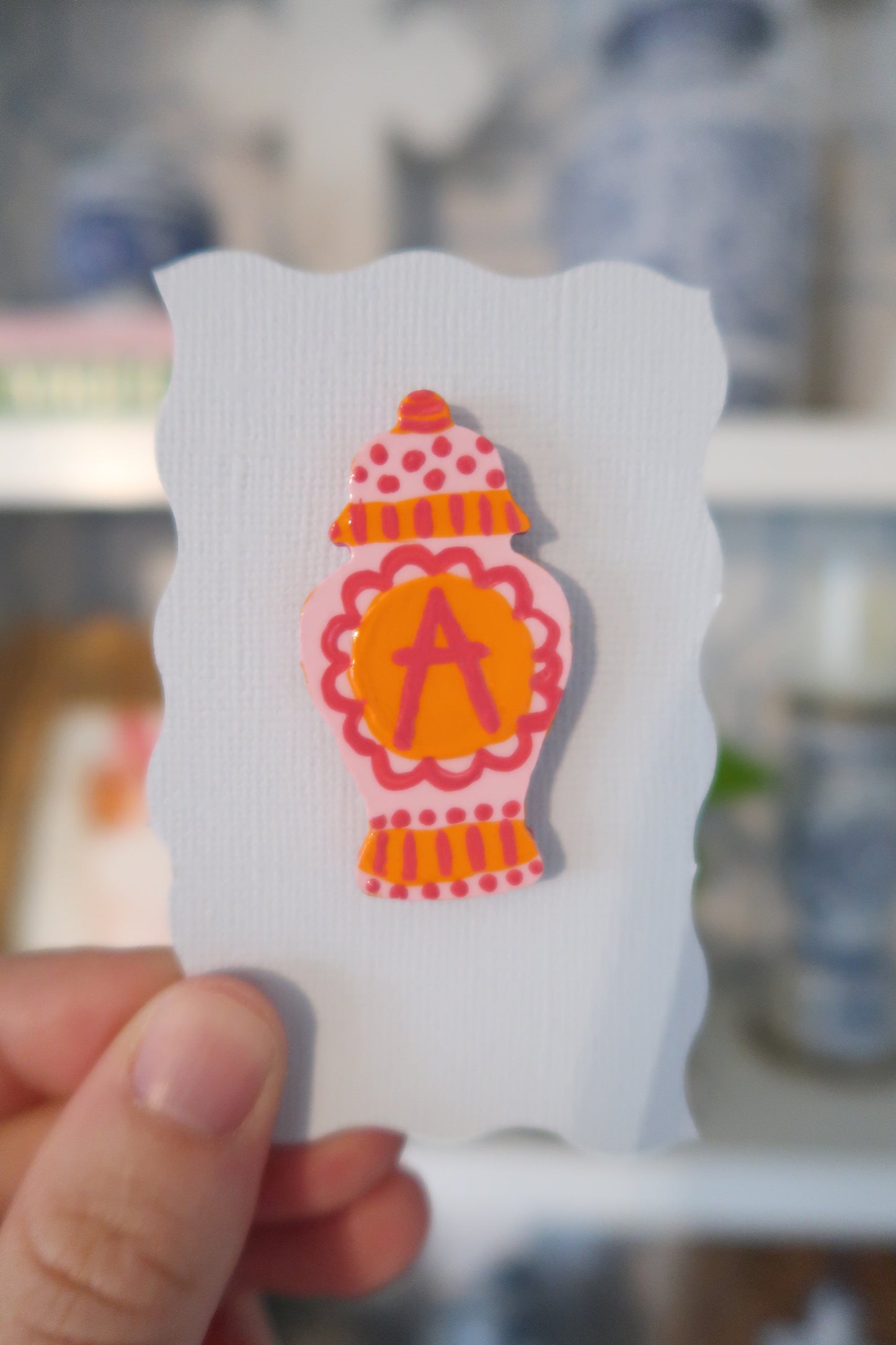 orange and pink hand painted ginger jar needle minder