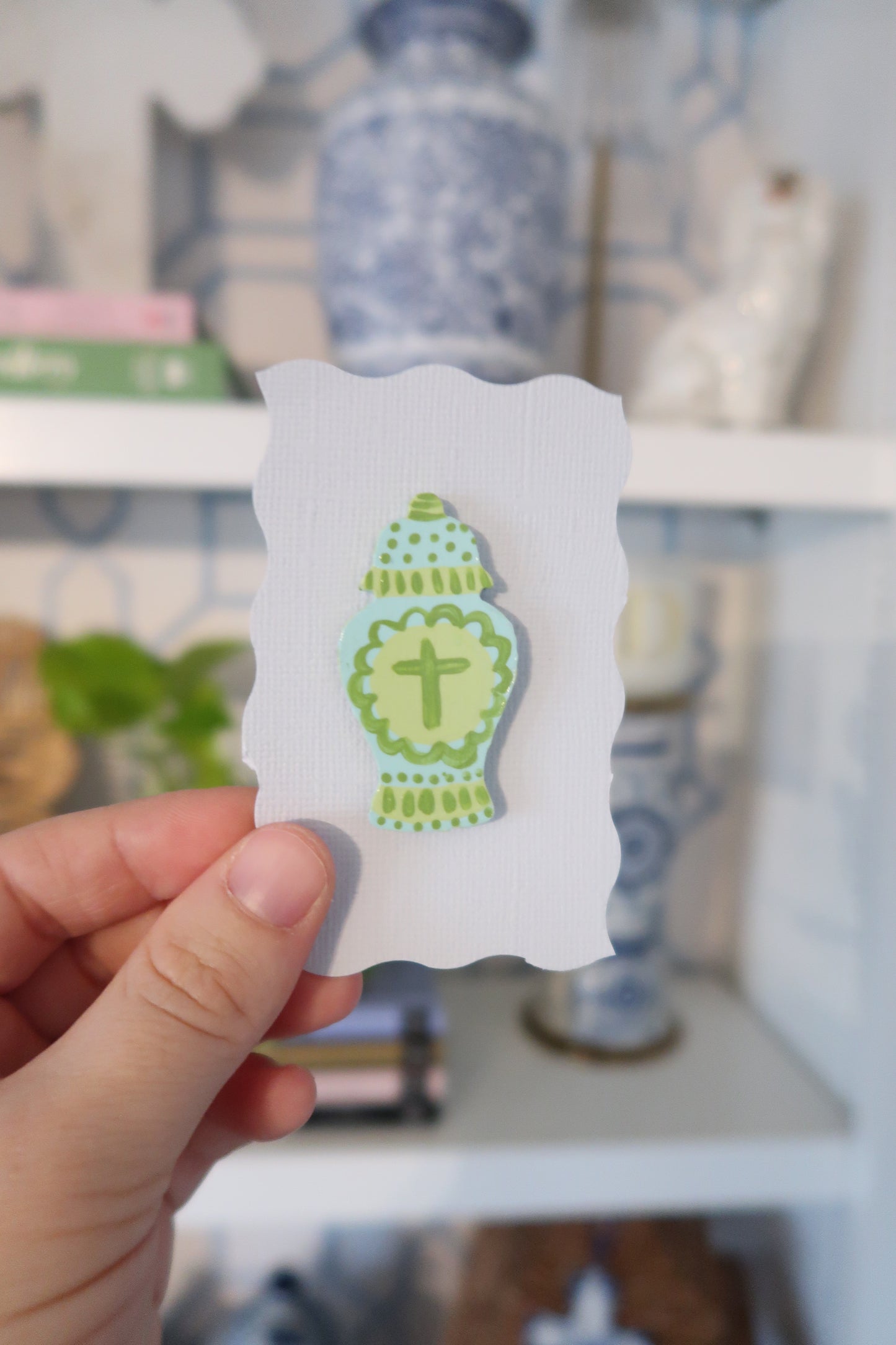 blue and green hand painted ginger jar needle minder