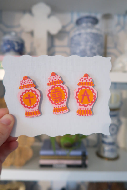 orange and pink hand painted ginger jar needle minder