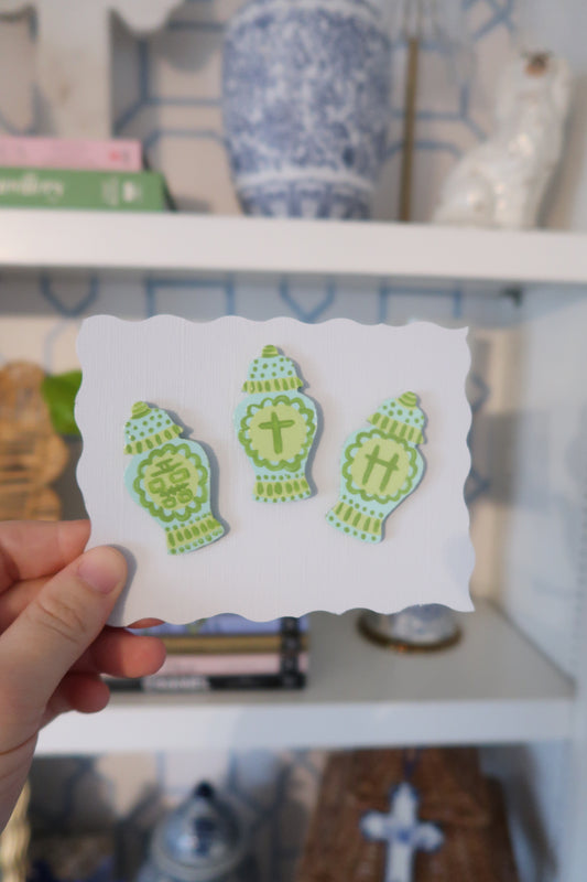 blue and green hand painted ginger jar needle minder